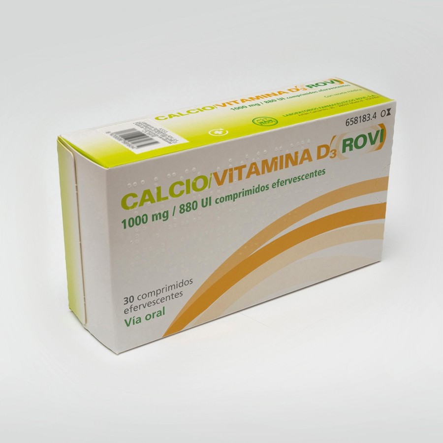CALCIO/VITAMINA D3 ROVI 1000 mg/880 UI COMPRIMIDOS EFERVESCENTES, 30 comprimidos fotografía del envase.