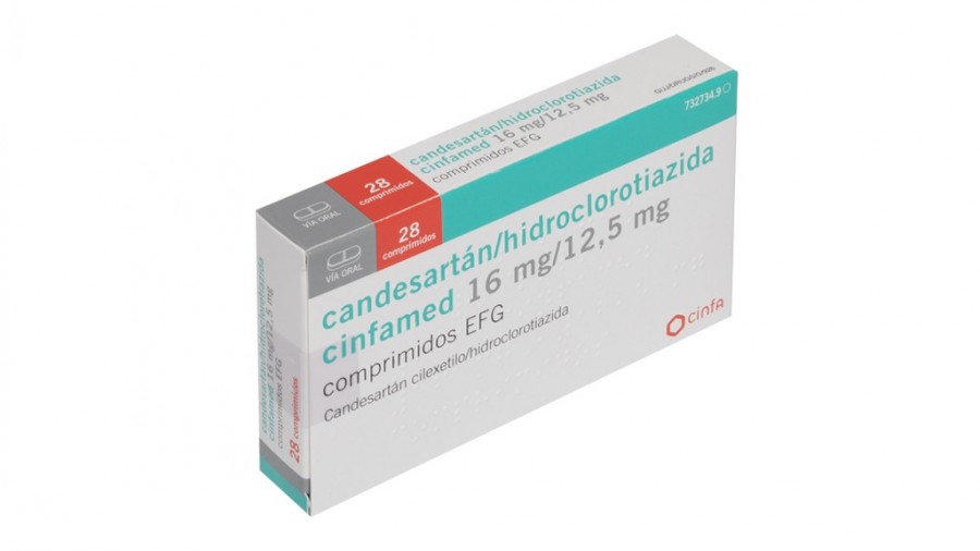 CANDESARTAN/HIDROCLOROTIAZIDA CINFAMED 16 MG/12,5 MG COMPRIMIDOS EFG, 28 comprimidos (Al/Al) fotografía del envase.