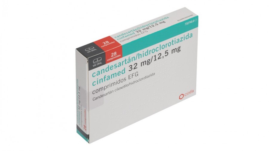 CANDESARTAN/HIDROCLOROTIAZIDA CINFAMED 32 MG/12,5 MG COMPRIMIDOS EFG, 28 comprimidos (Al/Al) fotografía del envase.