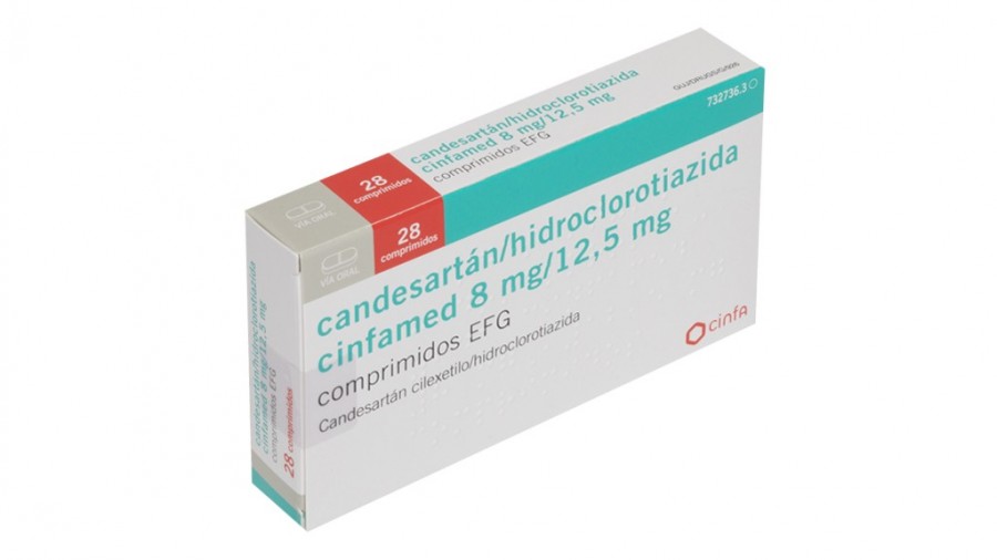 CANDESARTAN/HIDROCLOROTIAZIDA CINFAMED 8 MG/12,5 MG COMPRIMIDOS EFG, 28 comprimidos (Al/Al) fotografía del envase.