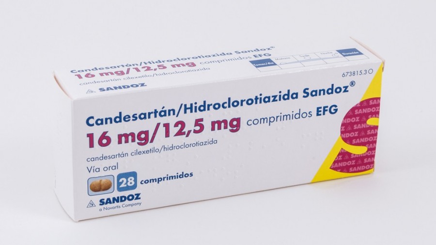 CANDESARTAN/HIDROCLOROTIAZIDA SANDOZ 16 mg/12,5 mg COMPRIMIDOS EFG , 28 comprimidos fotografía del envase.
