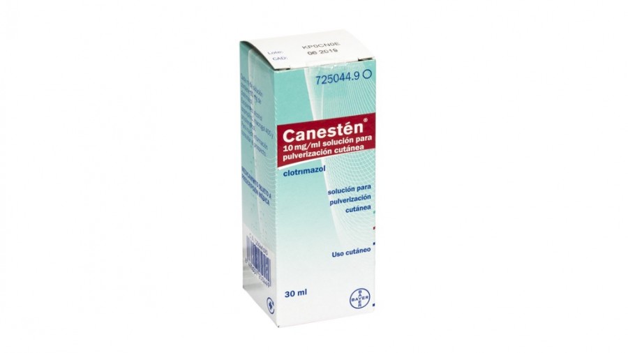 CANESTEN 10 mg/ml SOLUCION PARA PULVERIZACION CUTANEA, 1 frasco de 30 ml fotografía del envase.