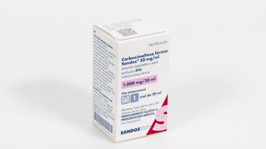 CARBOXIMALTOSA FERRICA SANDOZ 50 MG/ML DISPERSION INYECTABLE Y PARA PERFUSION EFG, 1 vial de 20 ml fotografía del envase.