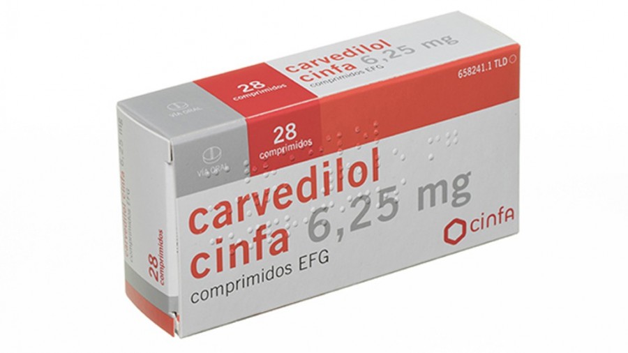 CARVEDILOL CINFA 6,25 mg COMPRIMIDOS EFG, 28 comprimidos fotografía del envase.