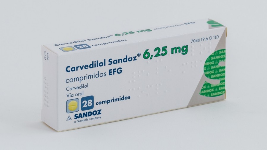 CARVEDILOL SANDOZ 6,25 mg COMPRIMIDOS EFG , 28 comprimidos fotografía del envase.