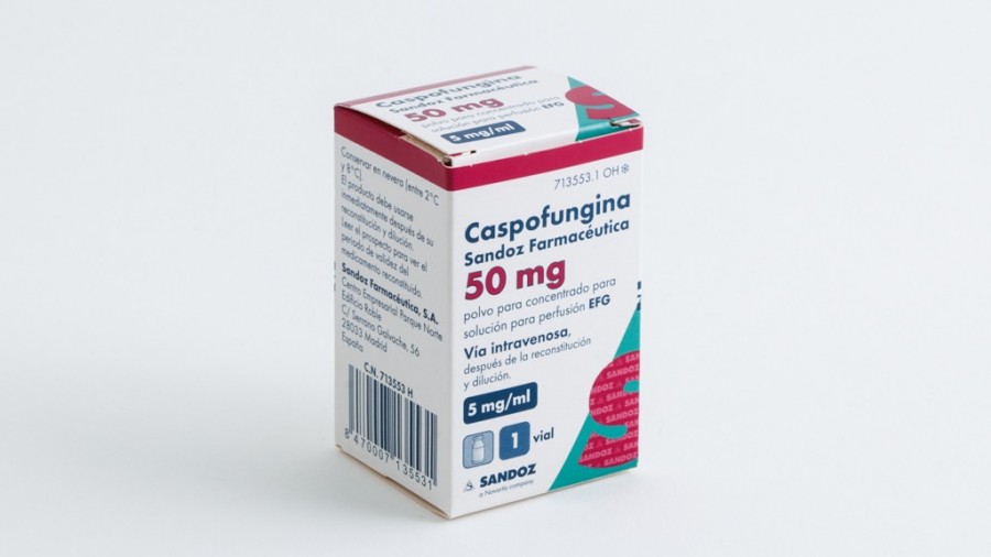 CASPOFUNGINA SANDOZ FARMACÉUTICA 50 mg POLVO PARA CONCENTRADO PARA SOLUCION PARA PERFUSION EFG 1 vial fotografía del envase.