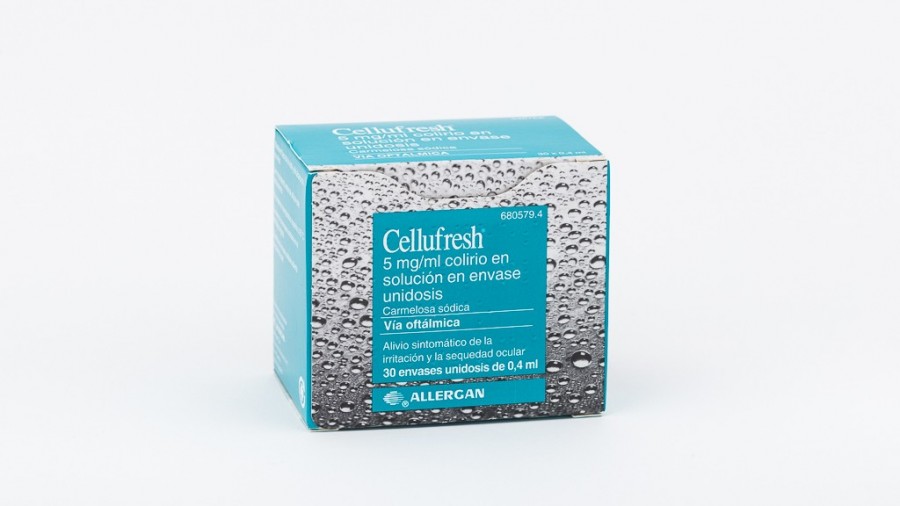 CELLUFRESH 5 mg/ml COLIRIO EN SOLUCION EN ENVASE UNIDOSIS , 30 envases unidosis 0,4 ml fotografía del envase.