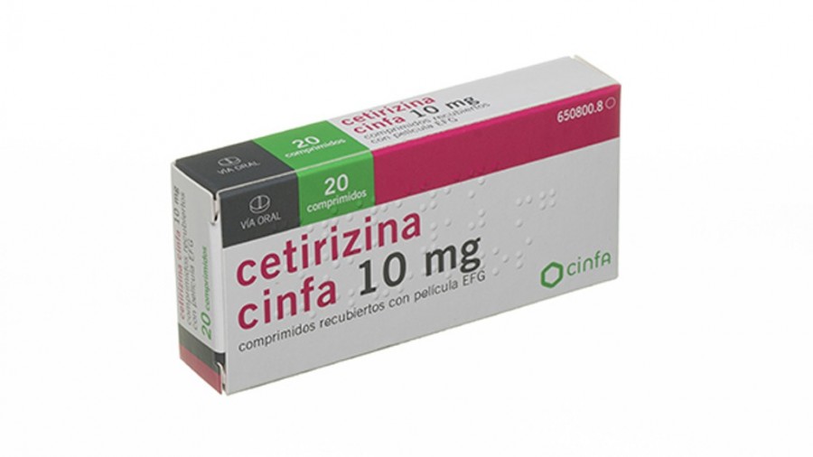 CETIRIZINA CINFA 10 mg COMPRIMIDOS RECUBIERTOS CON PELICULA EFG, 20 comprimidos fotografía del envase.