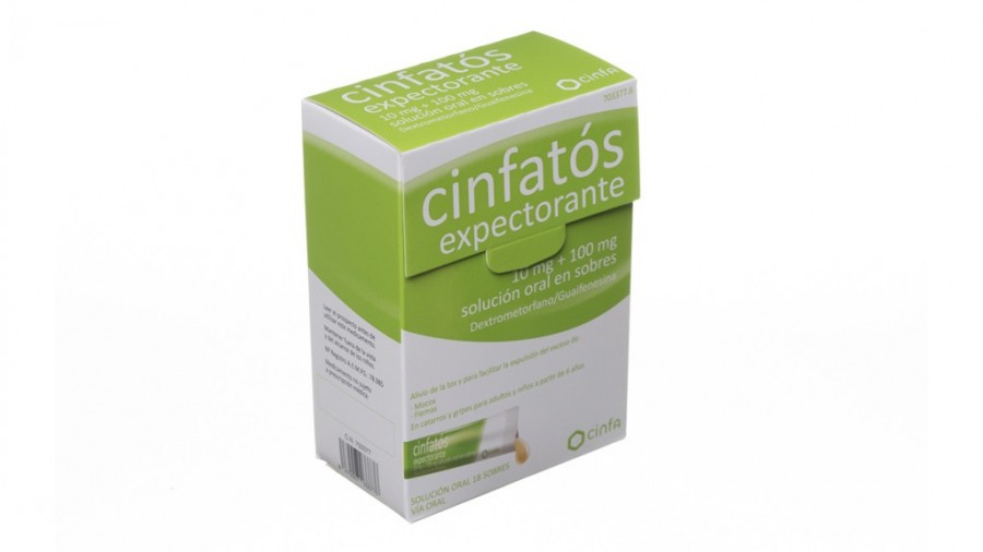 CINFATOS EXPECTORANTE   10 mg + 100 mg solución oral en sobres, 18 sobres fotografía del envase.