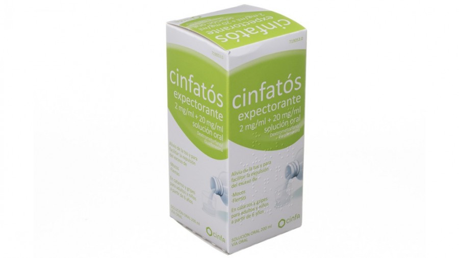 CINFATOS EXPECTORANTE 2 mg/ml + 20 mg/ml SOLUCION ORAL , 1 frasco de 200 ml fotografía del envase.