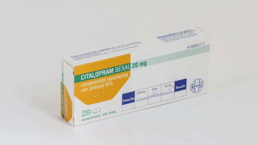 CITALOPRAM BEXAL 20 mg COMPRIMIDOS RECUBIERTOS CON PELICULA EFG , 28 comprimidos fotografía del envase.