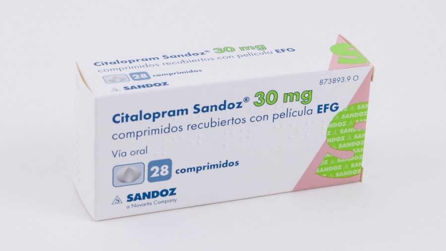 CITALOPRAM SANDOZ 30 mg COMPRIMIDOS RECUBIERTOS CON PELICULA EFG , 56 comprimidos fotografía del envase.