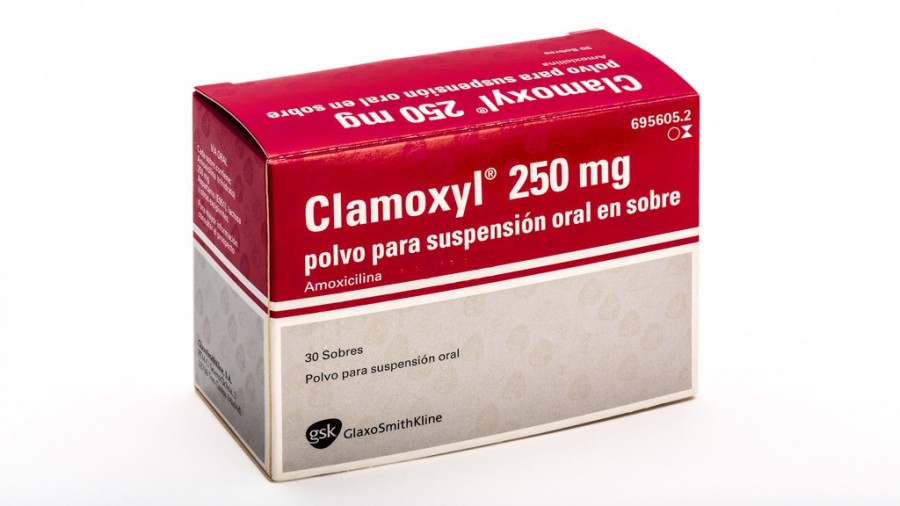 CLAMOXYL 250 mg POLVO PARA SUSPENSIÓN ORAL EN SOBRE , 16 sobres fotografía del envase.