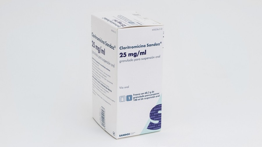 CLARITROMICINA SANDOZ 25 mg/ml GRANULADO PARA SUSPENSION ORAL , 1 frasco de 100 ml fotografía del envase.
