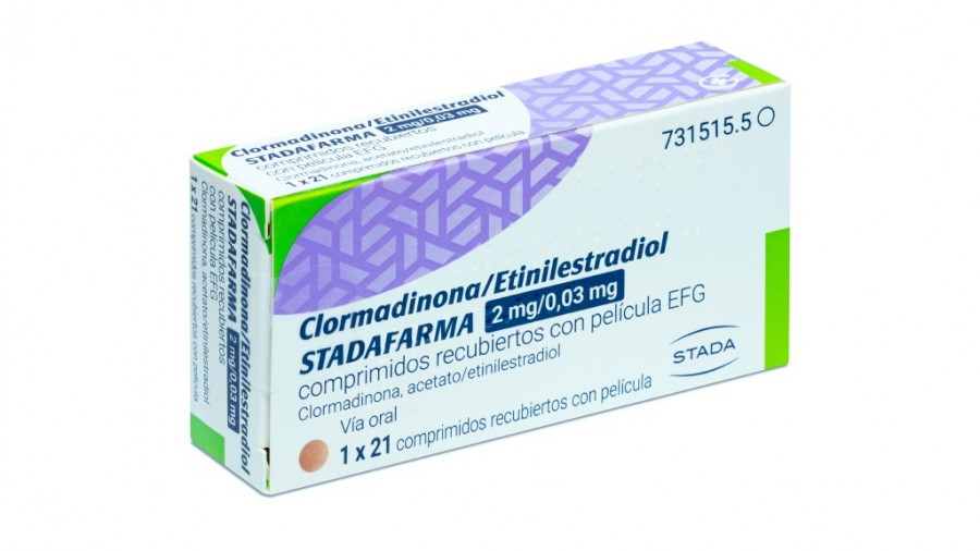 CLORMADINONA/ETINILESTRADIOL STADAFARMA 2 mg/0,03 mg COMPRIMIDOS RECUBIERTOS CON PELICULA EFG, 3 x 21 comprimidos fotografía del envase.