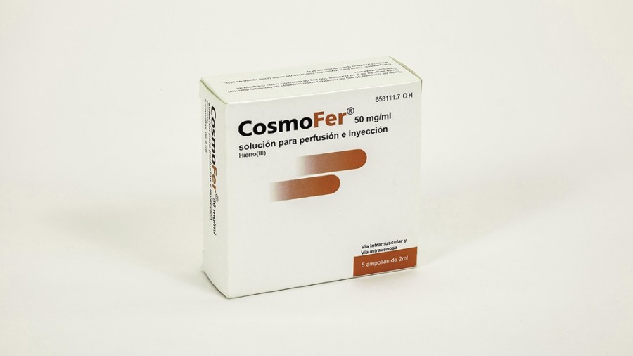 COSMOFER 50 mg/ml SOLUCION PARA PERFUSION E INYECCION , 5 ampollas de 2 ml fotografía del envase.