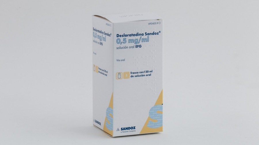DESLORATADINA SANDOZ 0,5 MG/1 ML SOLUCION ORAL EFG, 1 frasco de 120 ml fotografía del envase.