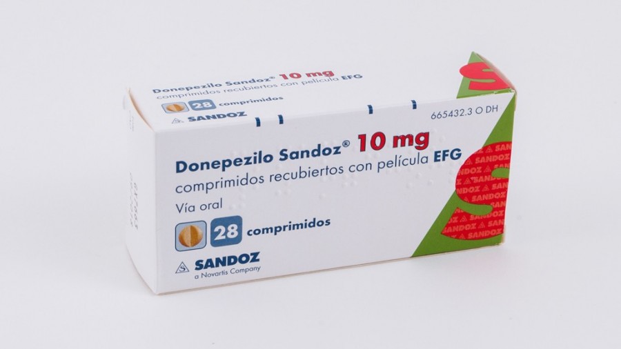 DONEPEZILO SANDOZ 10 mg COMPRIMIDOS RECUBIERTOS CON PELICULA EFG , 28 comprimidos fotografía del envase.