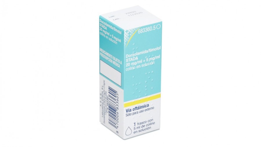 DORZOLAMIDA/TIMOLOL STADA 20 mg/ml + 5 mg/ml colirio en solución 1 frasco de 5 ml fotografía del envase.