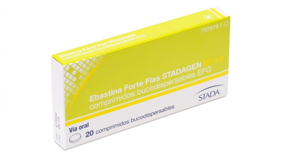 EBASTINA FORTE FLAS STADA 20 MG COMPRIMIDOS BUCODISPERSABLES EFG , 20 comprimidos (Blister Opa/Al/PVC-PAP/PET/Al) fotografía del envase.