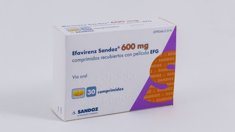 EFAVIRENZ SANDOZ 600 MG COMPRIMIDOS RECUBIERTOS CON PELICULA EFG , 30 comprimidos fotografía del envase.