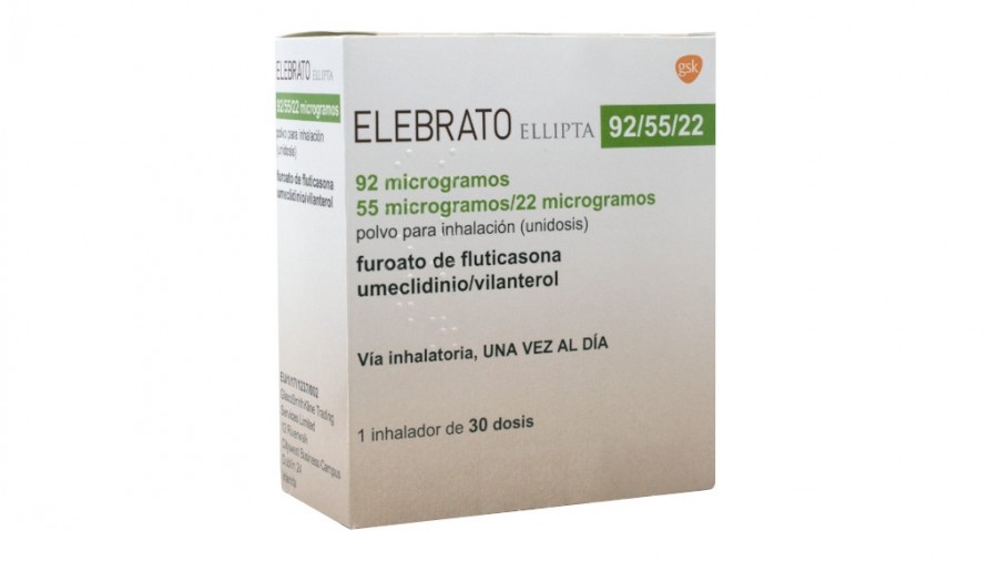 ELEBRATO ELLIPTA 92 MICROGRAMOS/55 MICROGRAMOS/22 MICROGRAMOS POLVO PARA INHALACION (UNIDOSIS) , 1 inhalador (30 dosis) fotografía del envase.