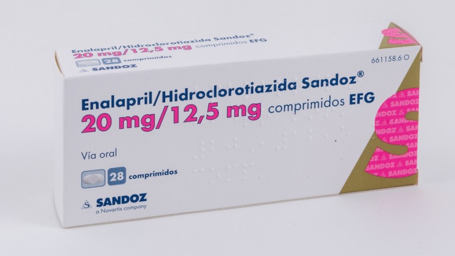 ENALAPRIL/HIDROCLOROTIAZIDA SANDOZ 20/12,5 mg COMPRIMIDOS EFG , 28 comprimidos fotografía del envase.
