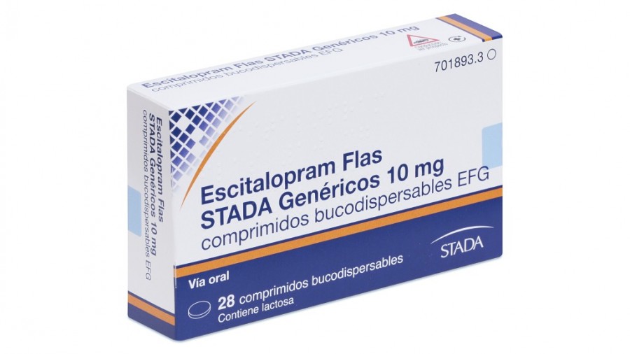 ESCITALOPRAM FLAS STADA 10 MG COMPRIMIDOS BUCODISPERSABLES EFG, 28 comprimidos fotografía del envase.