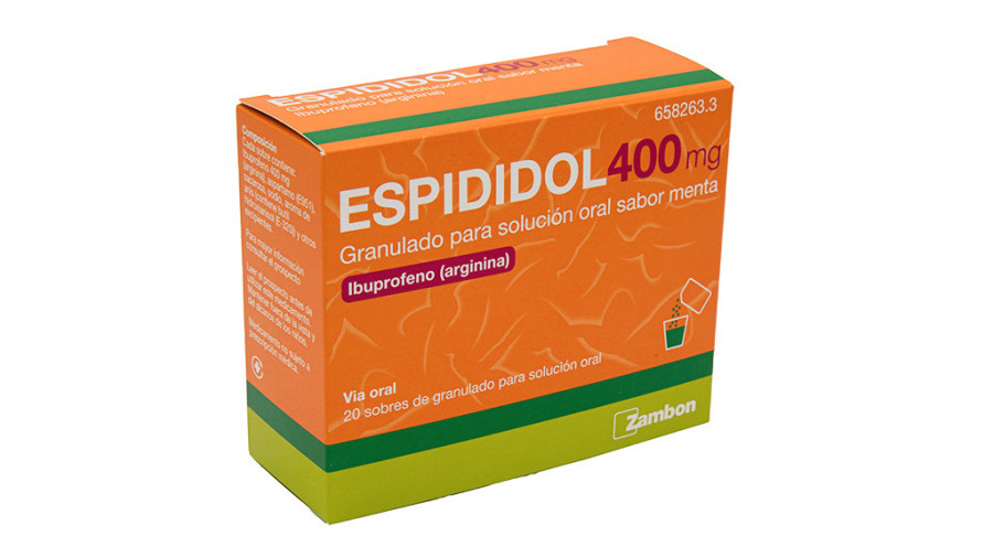 ESPIDIDOL 400 mg GRANULADO PARA SOLUCION ORAL SABOR MENTA , 12 sobres fotografía del envase.