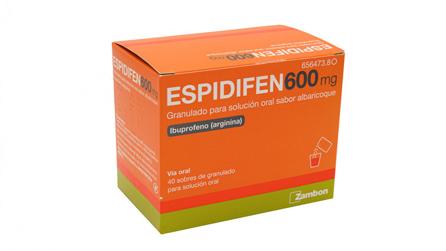 ESPIDIFEN 600 mg GRANULADO PARA SOLUCION ORAL SABOR ALBARICOQUE, 20 sobres fotografía del envase.