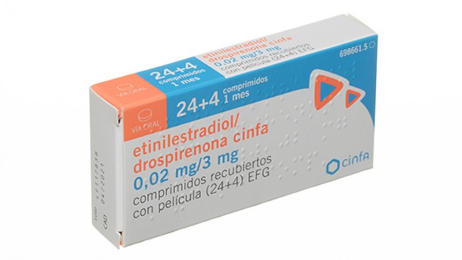 DROSPIRENONA/ETINILESTRADIOL CINFALAB  3MG / 0,02MG COMPRIMIDOS RECUBIERTOS CON PELICULA (24+4)  EFG , 24+4 comprimidos fotografía del envase.