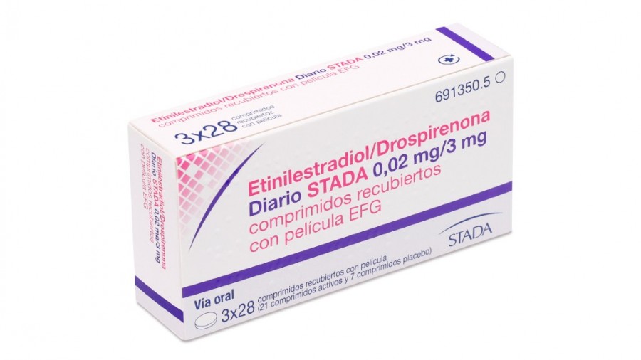 ETINILESTRADIOL/DROSPIRENONA DIARIO STADA 0,02 mg/3 mg COMPRIMIDOS RECUBIERTOS CON PELICULA EFG, 84 (3 x 28) comprimidos fotografía del envase.