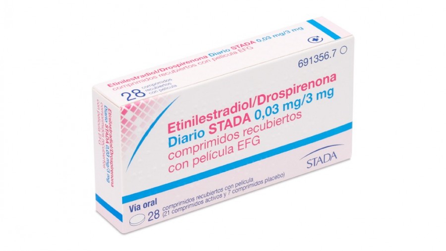ETINILESTRADIOL/DROSPIRENONA DIARIO STADA 0,03 mg/3 mg COMPRIMIDOS RECUBIERTOS CON PELICULA EFG, 28 comprimidos fotografía del envase.