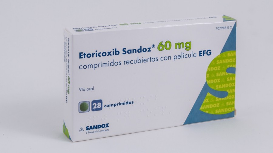 ETORICOXIB SANDOZ 60 MG COMPRIMIDOS RECUBIERTOS CON PELICULA EFG , 28 comprimidos fotografía del envase.