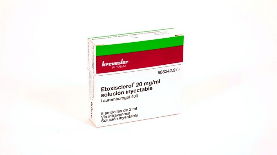 ETOXISCLEROL 20 mg/ml SOLUCIÓN INYECTABLE, 5 ampollas de 2 ml fotografía del envase.
