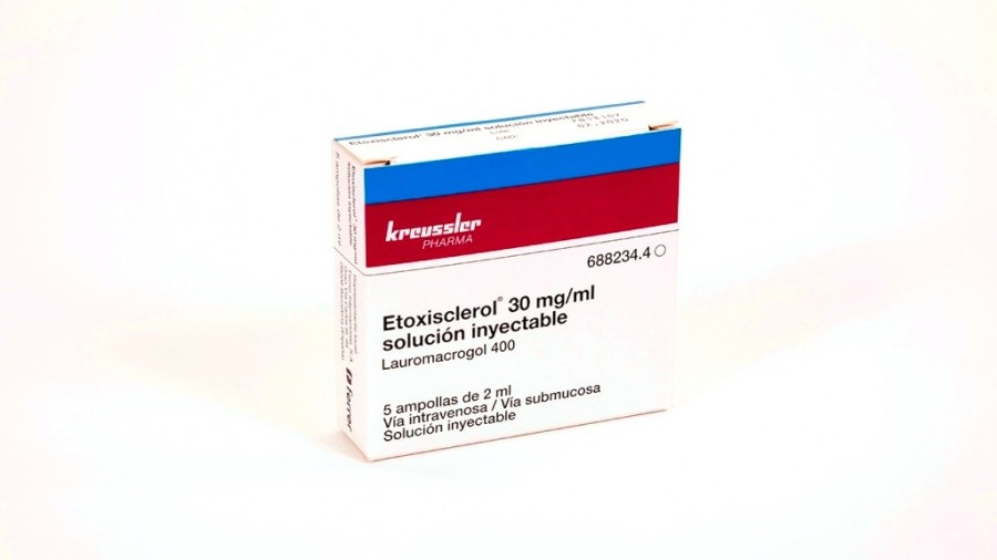 ETOXISCLEROL 30 mg/ml SOLUCIÓN INYECTABLE, 5 ampollas de 2 ml fotografía del envase.