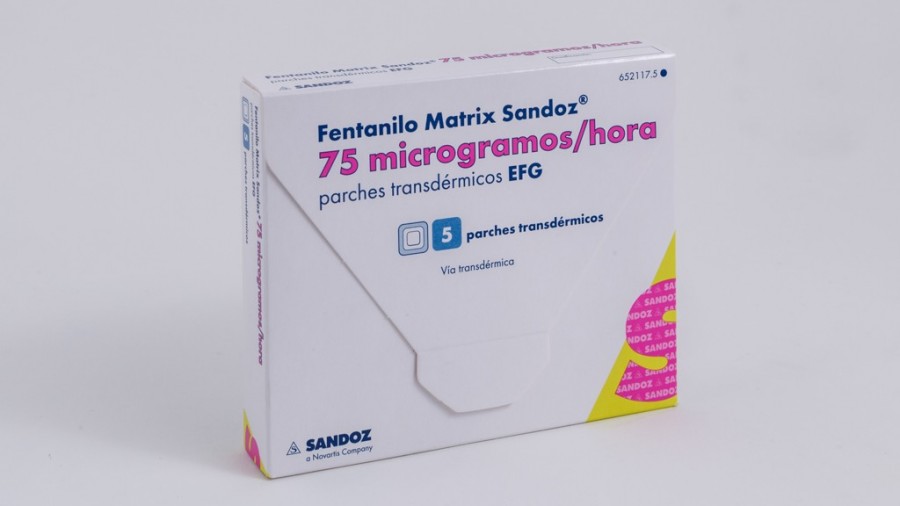 FENTANILO MATRIX SANDOZ 75 microgramos/HORA PARCHES TRANSDERMICOS EFG, 5 parches fotografía del envase.