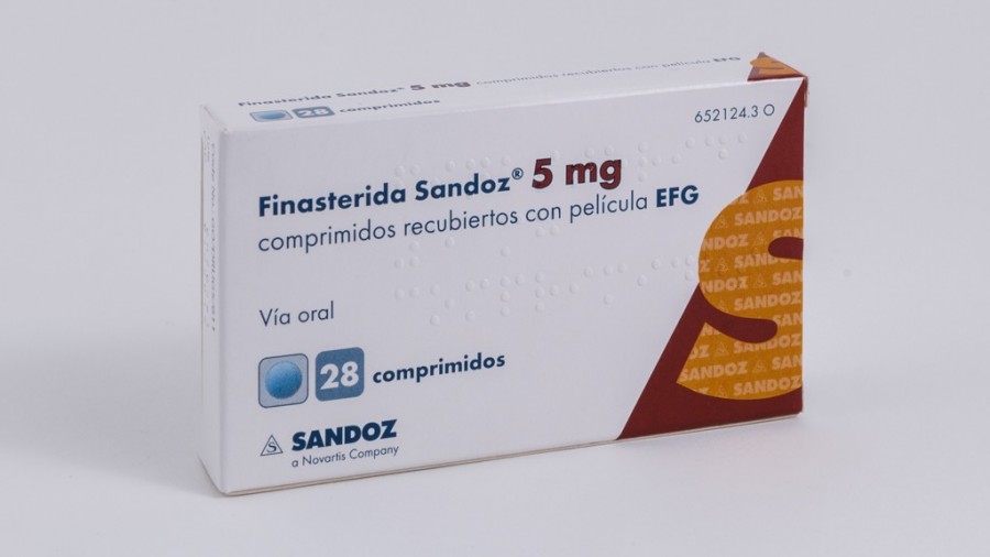 FINASTERIDA SANDOZ 5 mg COMPRIMIDOS RECUBIERTOS CON PELICULA EFG , 28 comprimidos fotografía del envase.