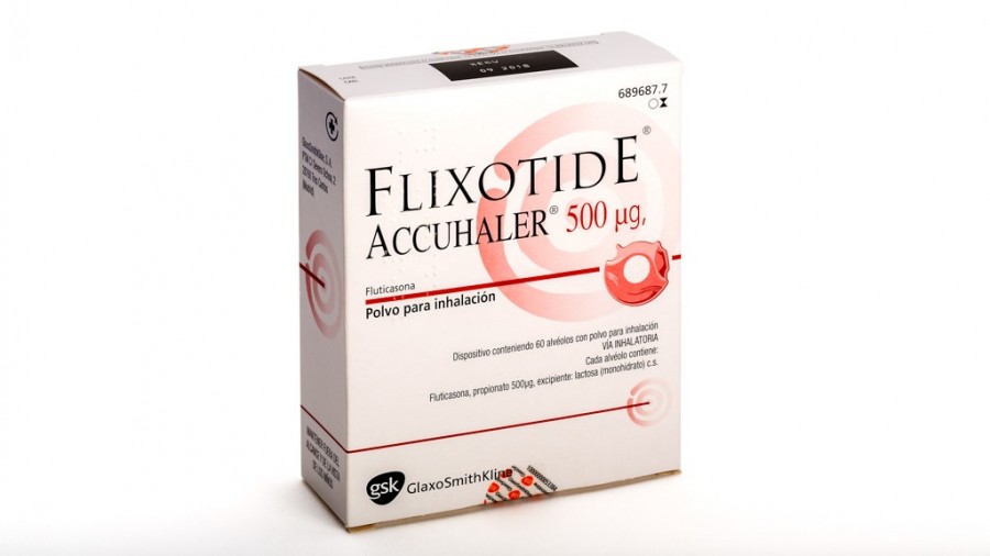 FLIXOTIDE ACCUHALER 500 MICROGRAMOS/INHALACION, POLVO PARA INHALACION, 1 inhalador de 60 dosis fotografía del envase.