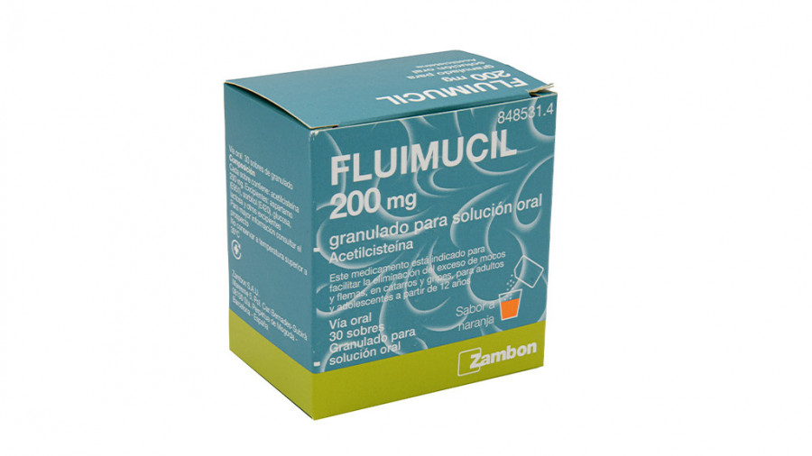 FLUIMUCIL 200 mg GRANULADO PARA SOLUCION ORAL , 30 sobres fotografía del envase.