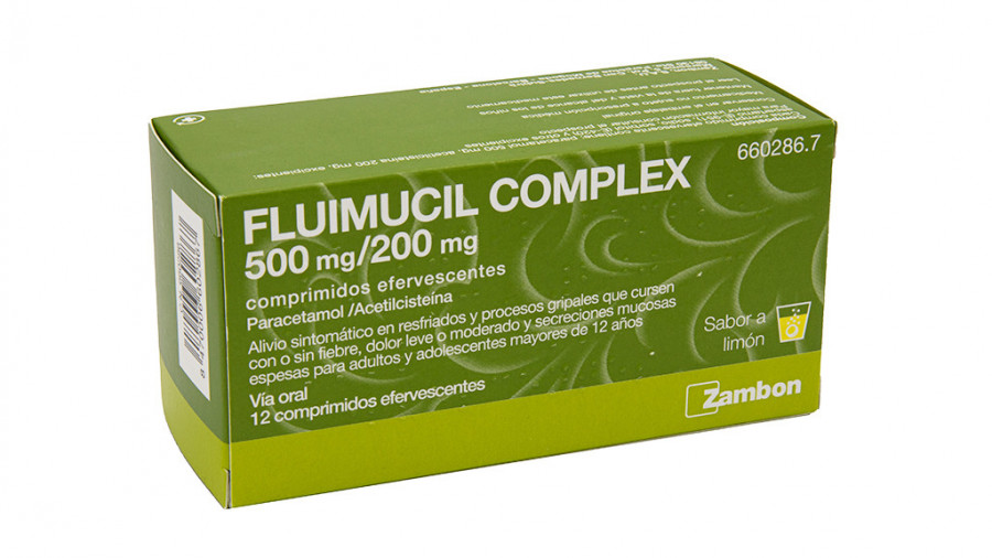 FLUIMUCIL COMPLEX 500 mg/200 mg COMPRIMIDOS EFERVESCENTES , 16 comprimidos fotografía del envase.