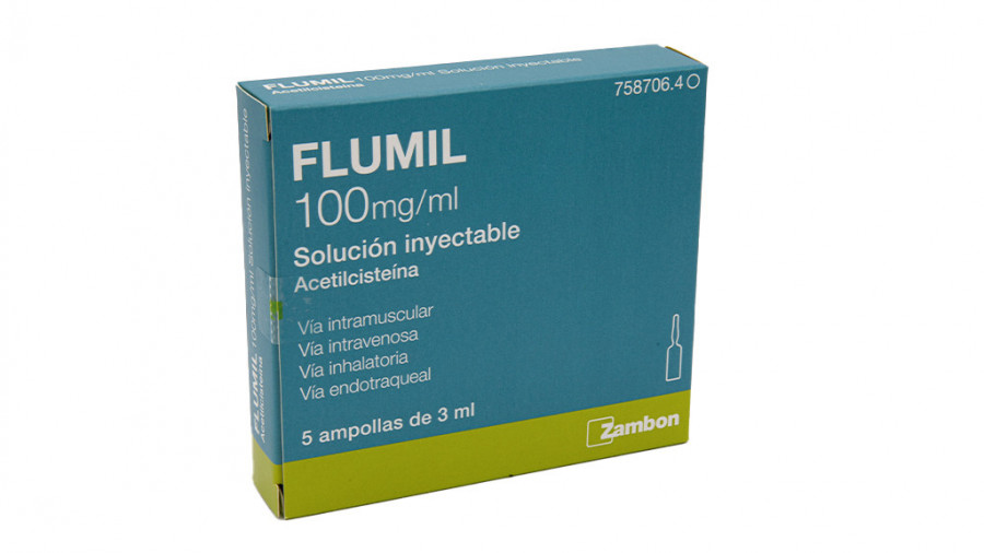 FLUMIL 100 MG/ML SOLUCION INYECTABLE , 5 ampollas de 3 ml fotografía del envase.