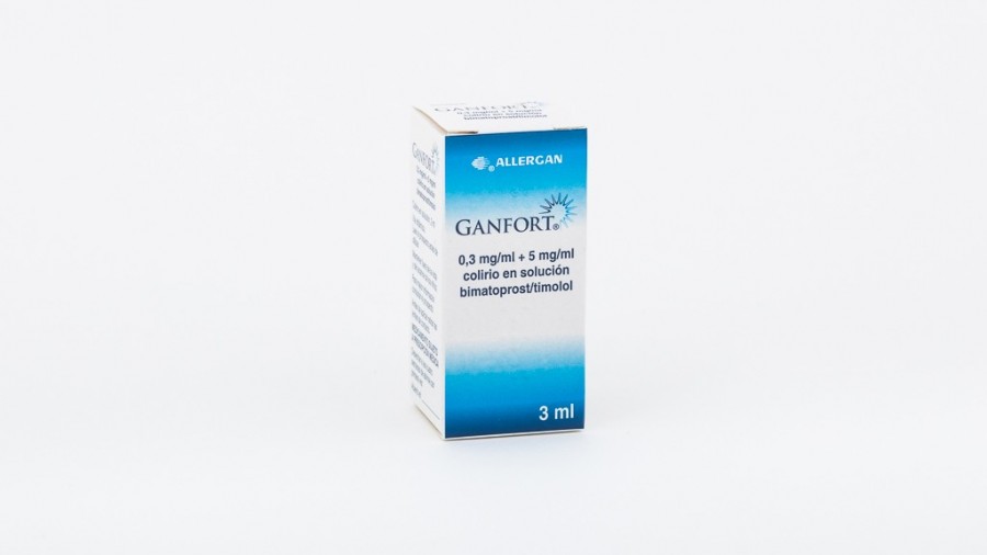 GANFORT 0,3 MG/ML + 5 MG/ML COLIRIO EN SOLUCION, 1 frasco de 3 ml fotografía del envase.