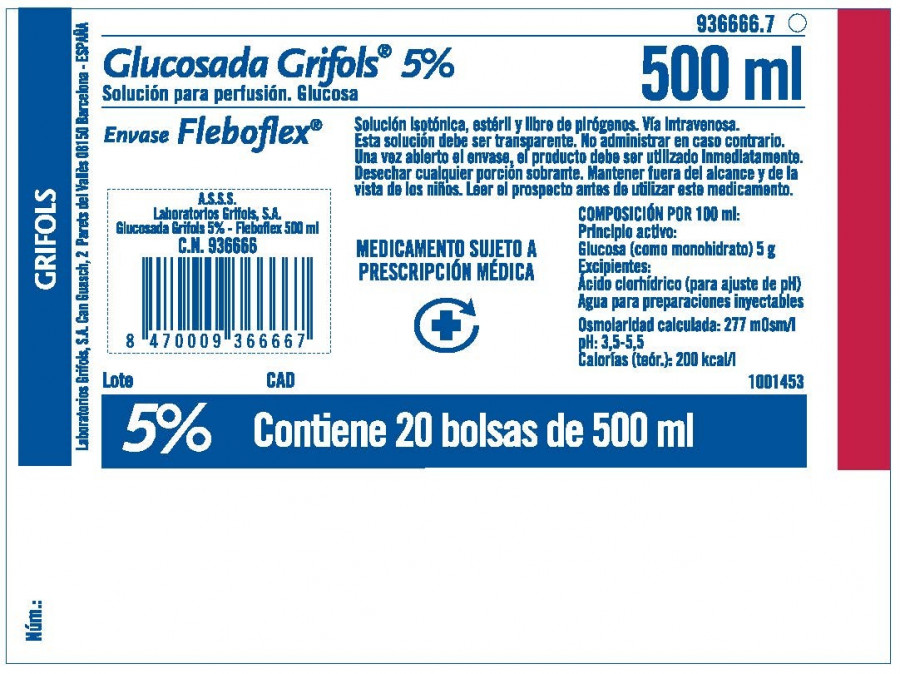 GLUCOSADA GRIFOLS 5% SOLUCION PARA PERFUSION, 24 bolsas de 1.000 ml conteniendo 500 ml (FLEBOFLEX LUER) fotografía del envase.