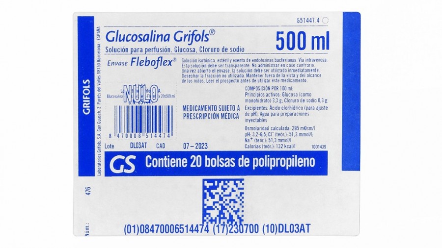 GLUCOSALINA GRIFOLS SOLUCION PARA PERFUSION , 20 bolsas de 250 ml (Fleboflex) fotografía del envase.