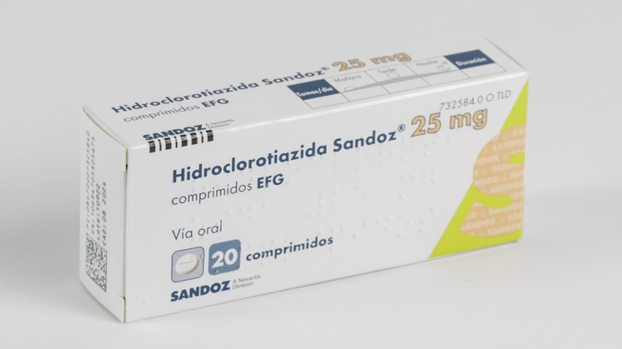 HIDROCLOROTIAZIDA SANDOZ 25 MG COMPRIMIDOS EFG, 20 comprimidos fotografía del envase.