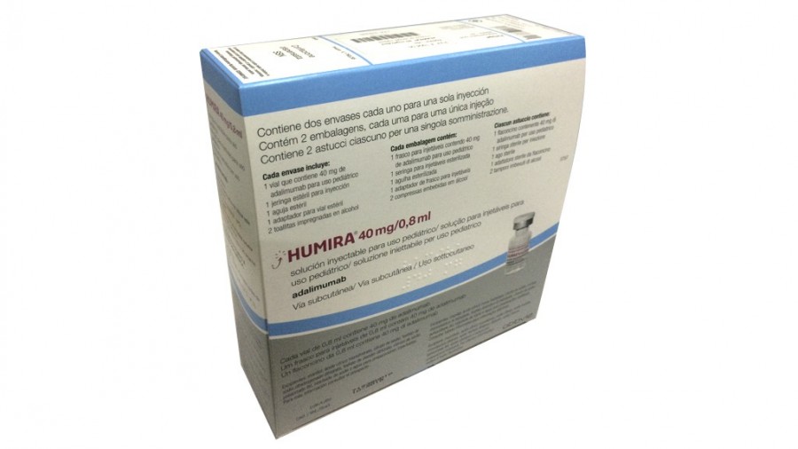 HUMIRA 40 mg/0,8 ml SOLUCION INYECTABLE PARA USO PEDIATRICO , 2 viales de 0,8 ml fotografía del envase.