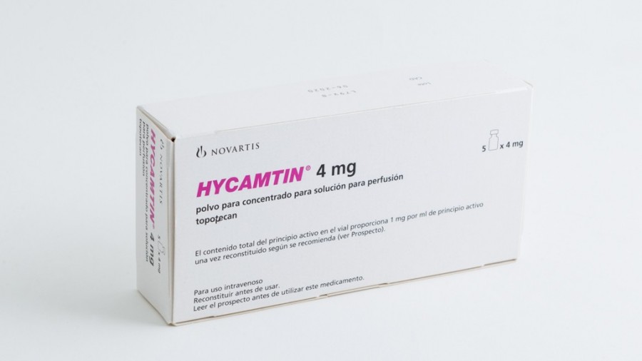 HYCAMTIN 4 mg POLVO CONCENTRADO PARA SOLUCION PARA PERFUSION, 5 viales fotografía del envase.