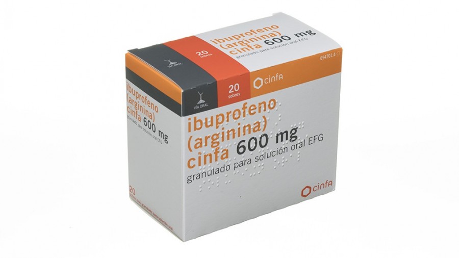 saludo Analítico Articulación IBUPROFENO (ARGININA) CINFA 600 mg GRANULADO PARA SOLUCION ORAL EFG , 20  sobres. Precio: 2.50€.