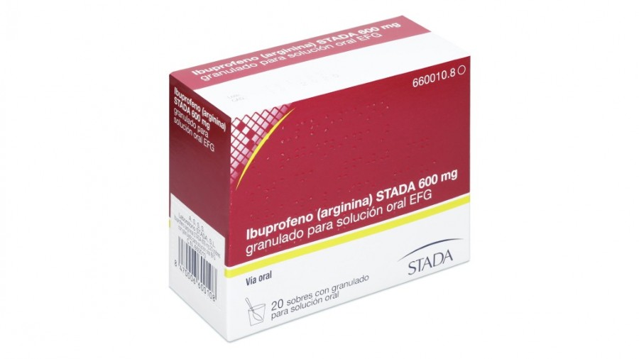 IBUPROFENO (ARGININA) STADA 600 mg GRANULADO PARA SOLUCION ORAL EFG , 20 sobres fotografía del envase.
